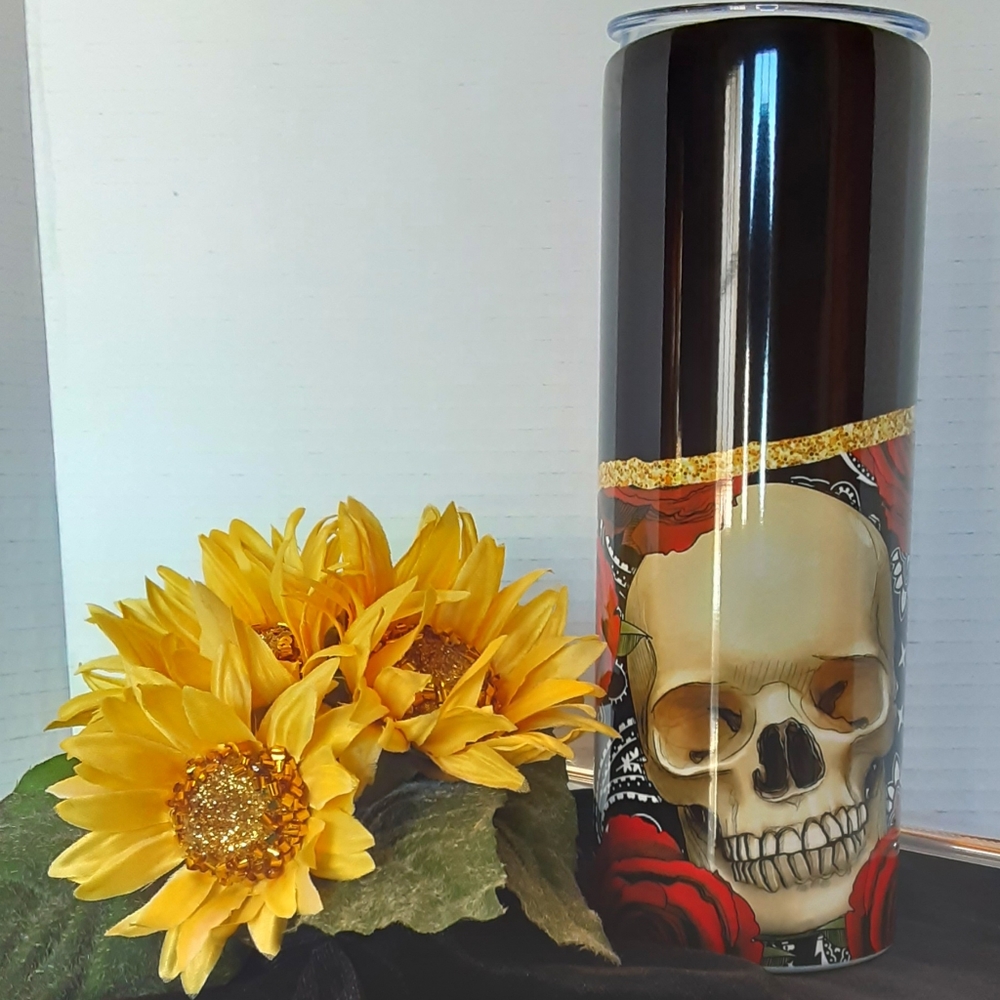 Hand Crafted  Skull  Tumbler Black Red Gothic, Halloween Punk  20 oz Thermal